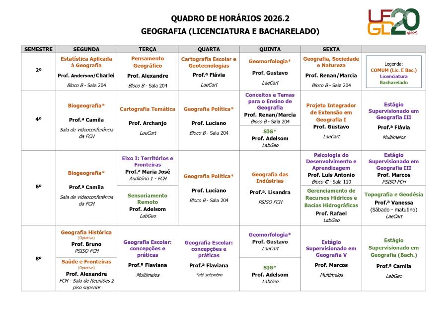 Quadro de horário 2026.2 geografia