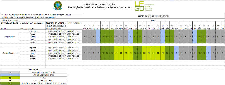 Escala de acordo com Programa de Gestão de Demandas e Desempenho - PGDD
Escala de Setembro - DIPROJOR