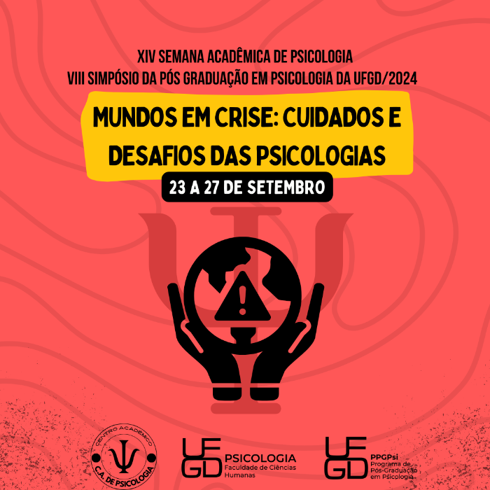 O evento acontecerá entre os dias 23/09 a 27/09/24, e contará com palestras, minicursos, comunicação oral e Mostra de Livre Expressão da Psicologia/FCH/UFGD, com a temática Mundos em Crise: Cuidados e Desafios das Psicologias. XIV Semana Acadêmica de Psicologia